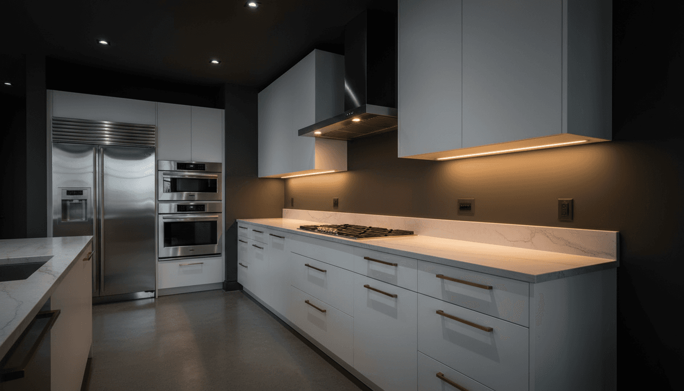 Modern renovated kitchen with white cabinets and charcoal walls