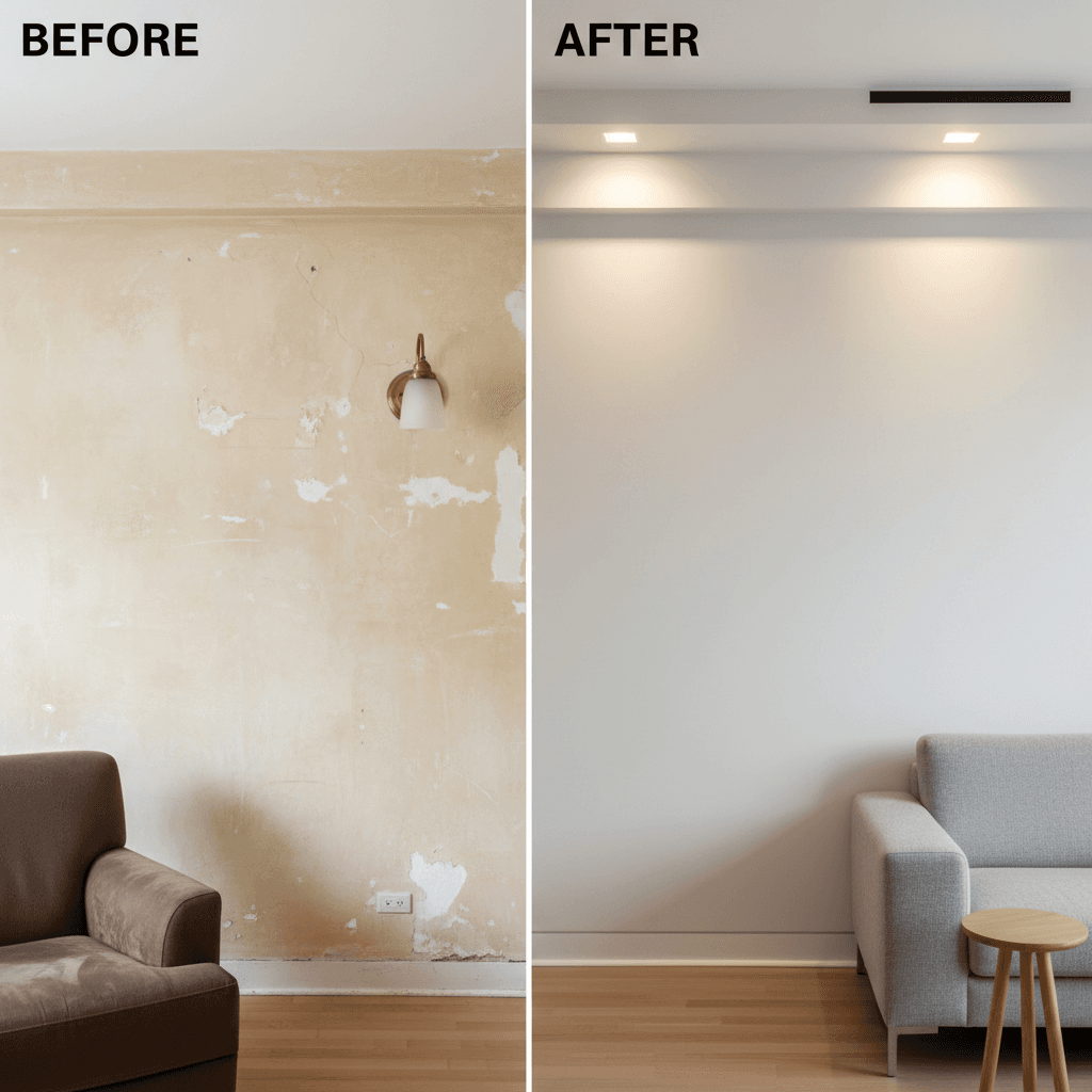 Living room wall paint and finish transformation