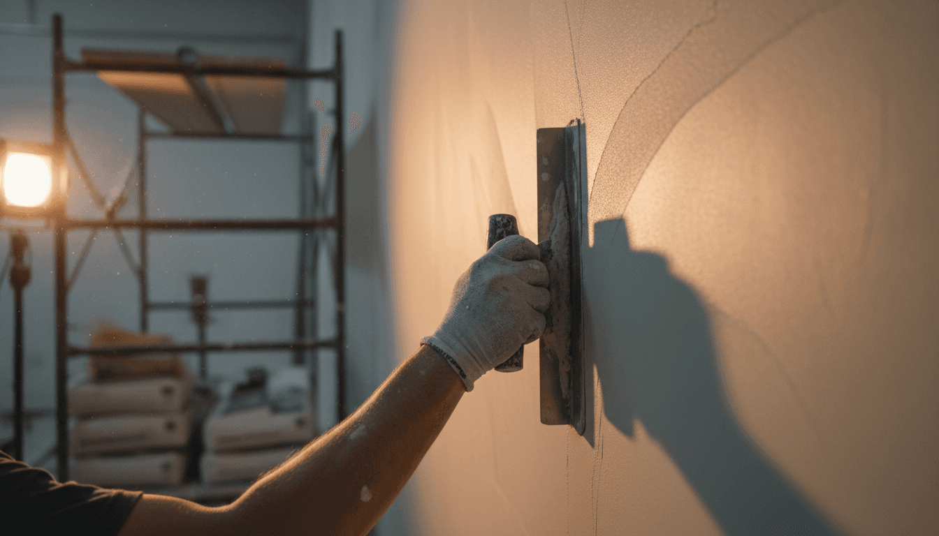 Close-up of expert plaster finishing technique showing precision craftsmanship