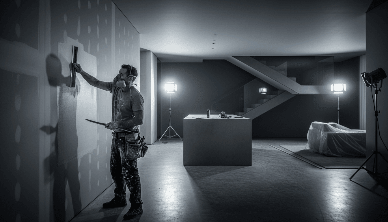 Skilled craftsman applying skim coat to drywall in a high-end Manhattan apartment renovation