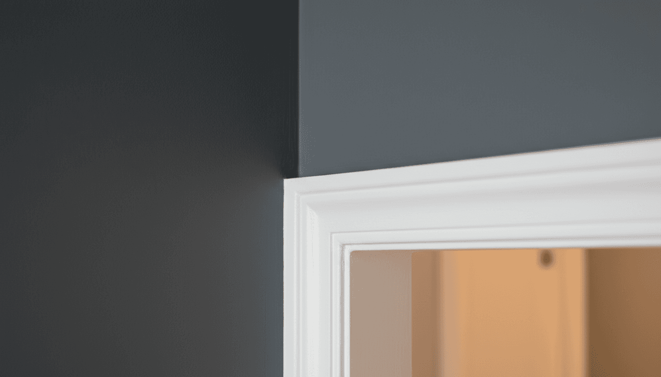 Close-up of precision paint work showing clean white trim against charcoal wall
