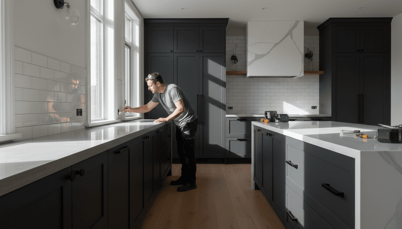 High-end apartment kitchen renovation with white tile backsplash and matte black hardware