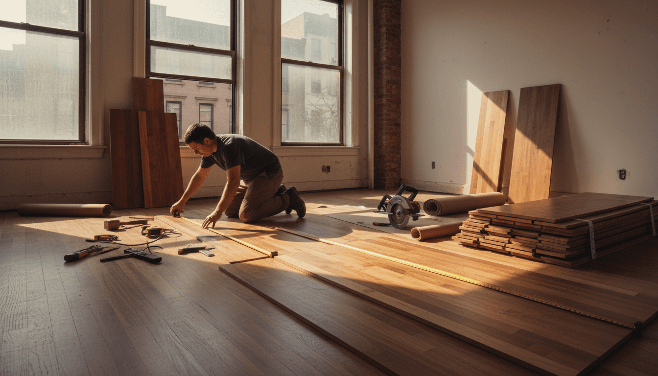 Warm artisanal aesthetic wide shot of a flooring specialist measuring and preparing to install premium hardwood flooring in a New York City apartment.