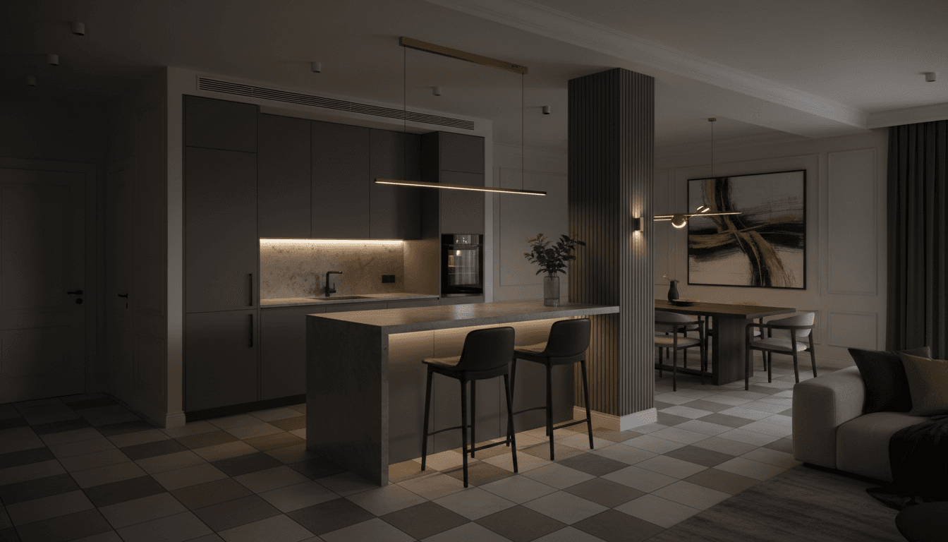 Modern luxury apartment interior with refined finishes and architectural details