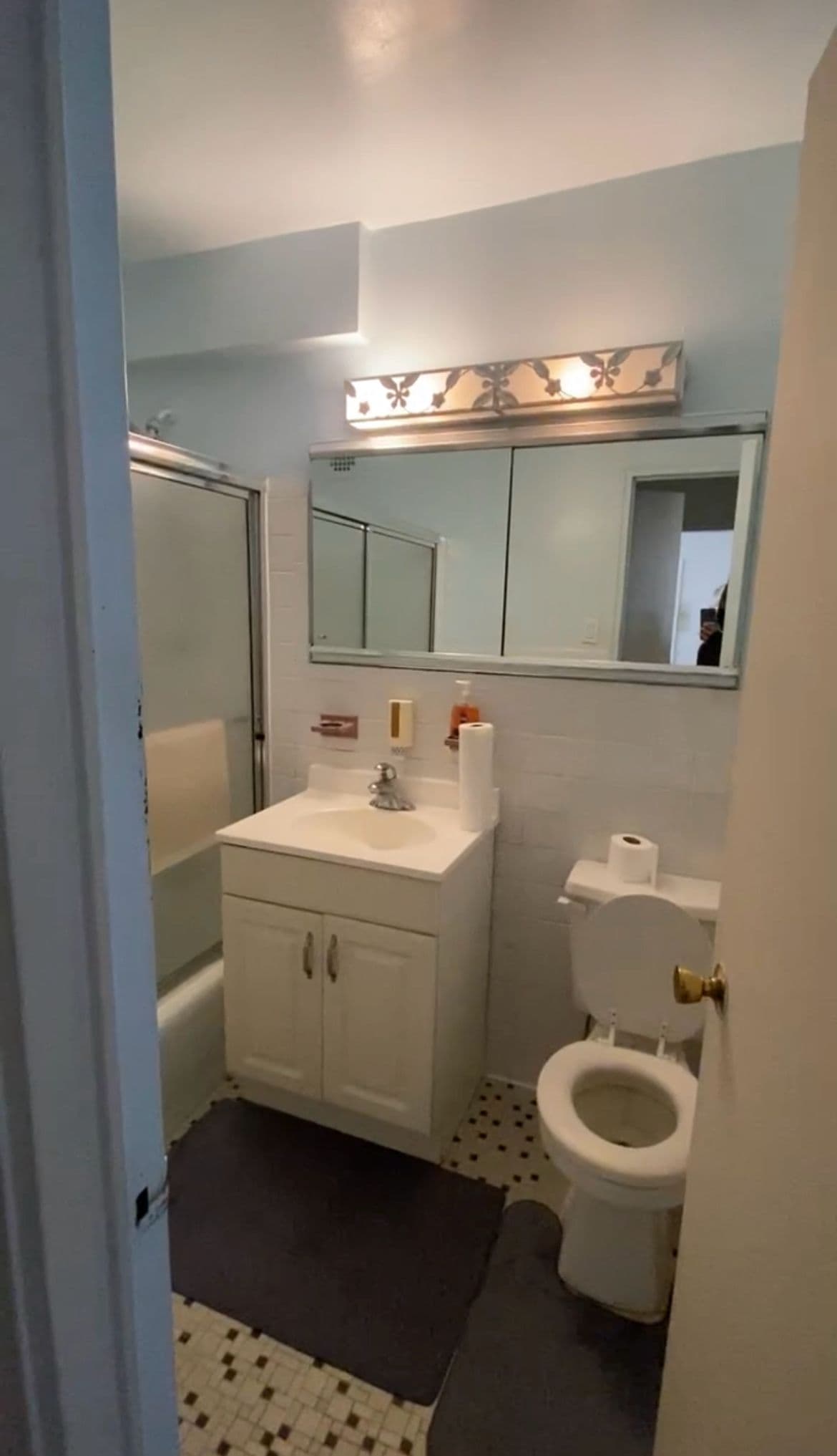 Small bathroom with a white vanity, large mirror, toilet, and glass shower door.